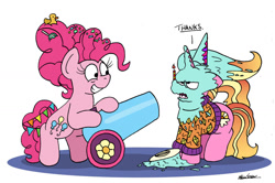 Size: 1024x681 | Tagged: safe, artist:bobthedalek, imported from derpibooru, luster dawn, pinkie pie, earth pony, pony, unicorn, atg 2022, bipedal, candle, candy, clothes, covered in cake, covered in food, duo, duo female, female, food, frosting, hat, implied starlight glimmer, kite, lollipop, luster dawn is not amused, luster dawn is starlight's and sunburst's daughter, mare, messy, newbie artist training grounds, older, older pinkie pie, party cannon, party hat, rubber duck, streamers, sweater, that pony sure does love kites, unamused