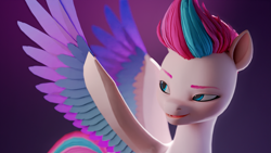 Size: 1920x1080 | Tagged: safe, artist:luminousdazzle, derpibooru exclusive, imported from derpibooru, zipp storm, pegasus, pony, 3d, 3d model, blender, blender cycles, colored wings, eyebrows, female, g5, mare, multicolored mane, multicolored wings, open mouth, open smile, simple background, smiling, solo, spread wings, wallpaper, wings