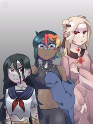 Size: 1536x2048 | Tagged: safe, artist:metaruscarlet, imported from derpibooru, oc, oc only, oc:anna (spirit), oc:keiko (ghost), oc:pride heart, ghost, human, undead, bandage, bandaid, belly button, blood, chains, clothes, cut, dark skin, dress, ear piercing, earring, eyebrow piercing, eyeshadow, female, gem, hoodie, humanized, humanized oc, jewelry, lip piercing, makeup, multicolored hair, necklace, nose piercing, open mouth, pants, piercing, rainbow hair, red eyes, scar, school uniform, size difference, spirit, sports bra, stitches, sweatpants, tattoo, torn clothes, trio