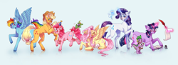 Size: 3529x1290 | Tagged: safe, artist:clairejabare, imported from derpibooru, angel bunny, applejack, fluttershy, gummy, pinkie pie, rainbow dash, rarity, spike, twilight sparkle, alligator, dragon, earth pony, pegasus, pony, rabbit, unicorn, animal, blue background, eye clipping through hair, female, g4, generation leap, hat, levitation, lying down, magic, mane seven, mane six, mare, party hat, prone, quill, scroll, sewing needle, simple background, spool, telekinesis, thread, writing