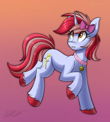 Size: 2800x3100 | Tagged: safe, artist:kaylerustone, imported from derpibooru, oc, oc only, oc:cinnamon lightning, pony, unicorn, bell, bell collar, bow, collar, eye clipping through hair, female, gradient background, hair bow, looking up, mare, necktie, raised hooves, raised leg, unshorn fetlocks