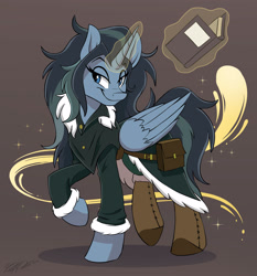 Size: 2800x3000 | Tagged: safe, artist:kaylerustone, imported from derpibooru, oc, oc only, alicorn, pony, alicorn oc, book, clothes, horn, looking back, magic, magic aura, simple background, smiling, wings