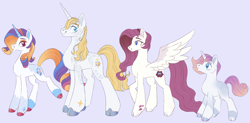 Size: 2495x1231 | Tagged: safe, artist:polymercorgi, imported from derpibooru, prince blueblood, rarity, oc, oc:chary, oc:darling, pony, unicorn, colt, family, female, foal, male, mare, offspring, parent:prince blueblood, parent:rarity, parents:rariblood, purple background, rariblood, shipping, simple background, stallion, straight