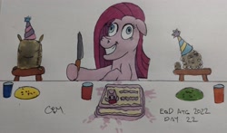 Size: 3826x2244 | Tagged: safe, artist:rapidsnap, imported from derpibooru, madame leflour, pinkie pie, sir lintsalot, party of one, cake, crazy eyes, crazy face, faic, food, hat, insanity, manic grin, party, party hat, pinkamena diane pie, smiling, traditional art