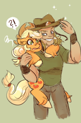 Size: 1050x1595 | Tagged: safe, artist:mimiporcellini, imported from derpibooru, applejack, earth pony, human, pony, anime, colored sketch, crossover, crossover shipping, female, green background, hol horse, holjack, jojo's bizarre adventure, male, shipping, simple background, sketch, straight