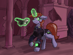 Size: 3060x2328 | Tagged: safe, artist:reddthebat, imported from derpibooru, oc, oc:littlepip, pony, unicorn, fallout equestria, body armor, bulletproof vest, canterlot, clothes, fallout, female, gun, handgun, jumpsuit, levitation, little macintosh, magic, mare, pink cloud (fo:e), pipbuck, revolver, solo, telekinesis, vault suit, weapon