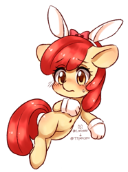 Size: 683x916 | Tagged: safe, artist:sugarcat_m, imported from derpibooru, apple bloom, earth pony, pony, adorabloom, belly button, blushing, bunny ears, clothes, cute, female, filly, foal, gloves, simple background, sweat, sweatdrop, white background