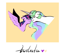 Size: 1008x848 | Tagged: safe, artist:xiashui, imported from derpibooru, princess celestia, twilight sparkle, alicorn, pony, boop, eyes closed, female, floppy ears, grin, heart, horn, lesbian, mare, noseboop, shipping, simple background, size difference, smiling, spread wings, text, twilestia, twilight sparkle (alicorn), wings, yellow background