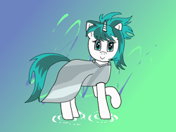 Size: 1440x1080 | Tagged: safe, artist:reckless rush, imported from twibooru, oc, oc only, oc:tundral gale, pony, unicorn, clothes, dress, female, gradient background, image, looking at you, mare, png, raised leg, terraria