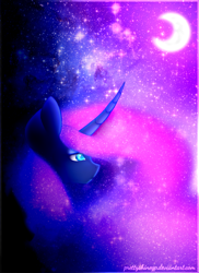 Size: 1700x2338 | Tagged: safe, artist:prettyshinegp, imported from derpibooru, princess luna, alicorn, pony, bust, crescent moon, ethereal mane, female, mare, moon, solo, starry mane, transparent moon