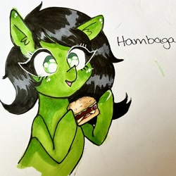Size: 2737x2737 | Tagged: artist needed, safe, imported from ponybooru, oc, oc:filly anon, earth pony, burger, female, filly, foal, food, hambaga, hamburger