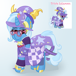 Size: 2048x2048 | Tagged: safe, artist:xppp1n, imported from ponybooru, trixie, unicorn, alternate design, alternate hairstyle, cape, clothes, gameloft, hat, horn, horns, simple background, solo, sunglasses, trixie's cape, trixie's hat