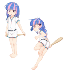 Size: 4392x5016 | Tagged: safe, artist:pestil, imported from twibooru, wind sprint, human, banned from derpibooru, barefoot, baseball bat, baseball jersey, explicit source, feet, female, humanized, image, looking at you, open mouth, png, simple background, solo, thighs, underage, white background