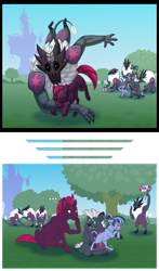 Size: 1879x3192 | Tagged: safe, artist:jackiebloom, imported from derpibooru, grubber, tempest shadow, oc, oc only, oc:twilight moonstone, anthro, earth pony, hedgehog, pony, storm creature, unguligrade anthro, unicorn, my little pony: the movie, bandage, bandaid, cheering, clothes, first aid, first aid kit, flag, holding, holding a pony, royal guard, storm guard, tempest becomes a royal guard, training, tree, tripping, twilight's castle