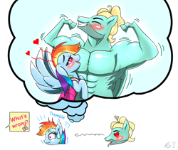 Size: 2015x1700 | Tagged: safe, artist:questionmarkdragon, imported from derpibooru, rainbow dash, zephyr breeze, pegasus, pony, blushing, clothes, daydream, denial, dress, drool, female, flexing, heart, heart eyes, imagine spot, implied fluttershy, male, mare, offscreen character, open mouth, open smile, scared, shipping, simple background, smiling, stallion, straight, sweat, sweatdrop, tomboy taming, trembling, wavy mouth, white background, wingding eyes, zephdash