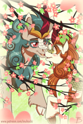 Size: 900x1351 | Tagged: safe, artist:inuhoshi-to-darkpen, imported from derpibooru, autumn blaze, rain shine, kirin, blushing, cherry blossoms, duo, duo female, female, flower, flower blossom, horn, looking at each other, looking at someone, nuzzling, open mouth, raised hoof
