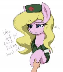Size: 1686x1936 | Tagged: safe, artist:anearbyanimal, oc, oc only, oc:nurse bonesaw, earth pony, human, pony, clothes, dialogue, earth pony oc, eyebrows visible through hair, female, hat, holding hooves, human on pony hoof holding, mare, nurse, offscreen character, raised eyebrow, simple background, uniform, vulgar, white background