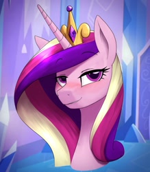 Size: 1400x1600 | Tagged: safe, alternate version, artist:anearbyanimal, part of a set, princess cadance, alicorn, pony, blushing, bust, crown, eyebrows visible through hair, female, horn, jewelry, lidded eyes, lip bite, looking at you, mare, portrait, regalia, smiling, solo