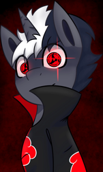 Size: 1241x2048 | Tagged: safe, artist:askhypnoswirl, imported from derpibooru, oc, oc only, pony, unicorn, anime, clothes, dark background, eye clipping through hair, glow, glowing eyes, looking at you, male, mangekyo sharingan, naruto, sharingan, simple background, solo, stallion, wide eyes
