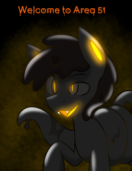Size: 1590x2048 | Tagged: safe, artist:askhypnoswirl, imported from derpibooru, oc, oc only, earth pony, goo, goo pony, original species, pony, area 51, dark background, eyebrows, eyebrows visible through hair, glow, glowing eyes, simple background, solo, tentacles, text
