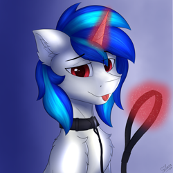 Size: 4616x4615 | Tagged: safe, alternate version, artist:flapstune, imported from derpibooru, dj pon-3, vinyl scratch, pony, unicorn, chest fluff, collar, ear fluff, fluffy, glow, glowing horn, horn, leash, male, pet play, record scrape, red eyes, rule 63, signature, simple background, stallion, tongue out