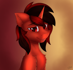 Size: 4880x4659 | Tagged: safe, artist:flapstune, imported from derpibooru, oc, oc only, oc:flaps tune, pony, unicorn, chest fluff, ear fluff, fluffy, horn, male, red eyes, rule 63, signature, simple background, stallion, tongue out