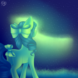Size: 1000x1000 | Tagged: safe, artist:prettyshinegp, imported from derpibooru, oc, oc only, earth pony, pony, aurora borealis, bow, earth pony oc, hair bow, signature, solo, stars