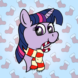 Size: 2500x2500 | Tagged: safe, artist:lunar harmony, twilight sparkle, pony, unicorn, bust, candy, candy cane, christmas, clothes, food, holiday, looking at you, scarf