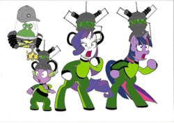 Size: 1062x752 | Tagged: safe, artist:jmkplover, color edit, edit, imported from derpibooru, rarity, spike, twilight sparkle, alicorn, alien, dragon, pony, unicorn, bipedal, bodysuit, brainwashing, chicken dance, clothes, colored, controller, crossover, female, hat, helmet, jimmy neutron: boy genius, jumpsuit, male, mind control, open mouth, pinpoint eyes, remote control, shocked, shocked expression, simple background, suit, tech control, white background, yolkians