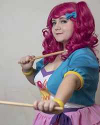Size: 1080x1350 | Tagged: safe, imported from derpibooru, pinkie pie, human, equestria girls, clothes, cosplay, costume, drumsticks, irl, irl human, oz comic con, photo, solo