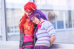 Size: 1080x720 | Tagged: safe, artist:jaycosplay1, artist:sayakcos, imported from derpibooru, sci-twi, sunset shimmer, twilight sparkle, human, equestria girls, clothes, cosplay, costume, duo, female, irl, irl human, lesbian, photo, scitwishimmer, shipping, sunsetsparkle