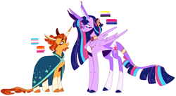 Size: 3601x1980 | Tagged: safe, artist:pumpkin-phantom, imported from derpibooru, sunburst, twilight sparkle, alicorn, classical unicorn, pony, unicorn, cloven hooves, female, height difference, leonine tail, lesbian, pride flag, shipping, simple background, trans female, transgender, twiburst, twilight sparkle (alicorn), unshorn fetlocks, white background