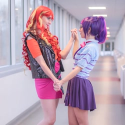 Size: 1080x1080 | Tagged: safe, artist:jaycosplay1, artist:sayakcos, imported from derpibooru, sci-twi, sunset shimmer, twilight sparkle, human, equestria girls, clothes, cosplay, costume, duo, female, irl, irl human, lesbian, photo, scitwishimmer, shipping, sunsetsparkle