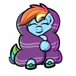 Size: 1920x1920 | Tagged: safe, artist:ashtoneer, imported from derpibooru, rainbow dash, pegasus, pony, blanket, clothes, cute, dashabetes, eyes closed, female, mare, simple background, slippers, smiling, solo, swaddling, tank slippers, white background