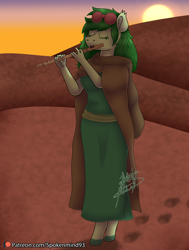 Size: 2500x3300 | Tagged: safe, artist:spokenmind93, imported from derpibooru, oc, oc:acacia spirit, anthro, unguligrade anthro, desert, dusk, flute, goggles, musical instrument