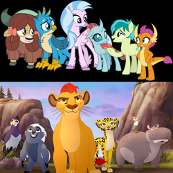 Size: 1024x1024 | Tagged: safe, artist:cloudy glow, edit, imported from derpibooru, gallus, ocellus, sandbar, silverstream, smolder, yona, badger, big cat, bird, cheetah, classical hippogriff, dragon, eagle, earth pony, griffon, hippogriff, hippopotamus, honey badger, lion, yak, the hearth's warming club, anga, beshte, bunga, comparison, egret, fuli, kion, ono, student six, the lion guard