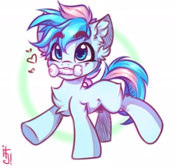 Size: 2277x2172 | Tagged: safe, artist:falafeljake, imported from derpibooru, oc, oc:blue chewings, earth pony, pony, chest fluff, chew toy, cute, ear fluff, eyebrows, eyebrows visible through hair, floating heart, heart, male, mouth hold, ocbetes, solo