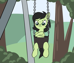 Size: 1279x1080 | Tagged: safe, artist:happy harvey, imported from derpibooru, oc, oc:filly anon, earth pony, pony, angry, blushing, bush, crossed arms, crossed hooves, eyebrows, female, filly, foal, grumpy, hill, phone drawing, scrunchy face, sitting, swing, swing set, tree