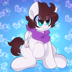 Size: 2000x2000 | Tagged: safe, artist:saveraedae, imported from derpibooru, oc, oc:markey malarkey, pegasus, pony, bandana, cute, cutie mark background, male, ponified, raised hoof, sitting, solo, the mark side