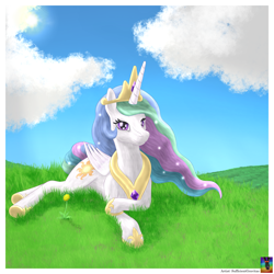 Size: 3500x3500 | Tagged: safe, artist:sufficientgravitas, imported from derpibooru, princess celestia, alicorn, pony, bust, cloud, crepuscular rays, female, flower, grass, horn, lying down, mare, outdoors, portrait, solo, wings