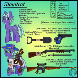 Size: 4000x4000 | Tagged: safe, artist:dice-warwick, imported from derpibooru, oc, oc:slowtrot, fallout equestria, fallout equestria: desperados, gun, handgun, male, pistol, rifle, shotgun, stallion, weapon