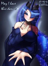 Size: 1540x2106 | Tagged: safe, artist:chiefyaero, artist:chiefywiffy, imported from derpibooru, princess luna, human, bare shoulders, breasts, bronybait, busty princess luna, dialogue, eye clipping through hair, female, hand on chest, humanized, looking at you, offering, solo, talking to viewer