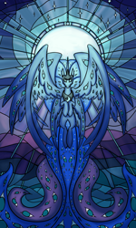 Size: 3500x5833 | Tagged: safe, artist:rocket-lawnchair, imported from derpibooru, princess luna, alicorn, pony, angel, be not afraid, biblically accurate angels, solo, stained glass