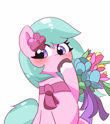 Size: 3000x3400 | Tagged: safe, artist:leo19969525, imported from derpibooru, earth pony, pony, adordahlia, blue mane, blue tail, blushing, clothes, cute, daaaaaaaaaaaw, dahlia, female, flower, flower in hair, g5, high res, hoof over mouth, mane, mare, purple eyes, scarf, simple background, sitting, solo, tail, white background