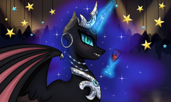 Size: 3500x2100 | Tagged: safe, artist:ladyluna2, imported from derpibooru, nightmare moon, alicorn, pony, alcohol, bat wings, blue eyes, blue mane, crown, digital art, ethereal mane, fangs, female, flowing mane, glass, glowing, glowing horn, happy, high res, horn, jewelry, looking at you, magic, mare, open mouth, peytral, regalia, smiling, smiling at you, solo, sparkles, spread wings, starry mane, stars, teeth, wine, wine glass, wings