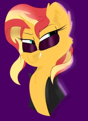 Size: 1213x1653 | Tagged: safe, artist:kbstarflower, imported from derpibooru, sunset shimmer, pony, unicorn, equestria girls, chest fluff, clothes, ear fluff, jacket, leather, leather jacket, lidded eyes, smiling, smirk, solo, sunglasses