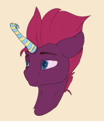 Size: 1536x1796 | Tagged: safe, artist:tenebrisnoctus, imported from derpibooru, fizzlepop berrytwist, tempest shadow, pony, unicorn, atg 2022, bust, female, horn, mare, newbie artist training grounds, party horn, simple background, solo, tempest gets her horn back, yellow background