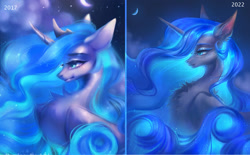 Size: 1280x796 | Tagged: safe, artist:nessapark21, imported from derpibooru, princess luna, alicorn, pony, beautiful, blue eyes, blue mane, bust, chest fluff, comparison, crown, digital art, ear fluff, ethereal mane, feather, female, flowing mane, folded wings, horn, jewelry, lidded eyes, mare, moon, moonlight, night, redraw, regalia, sky, smiling, solo, starry mane, stars, wings