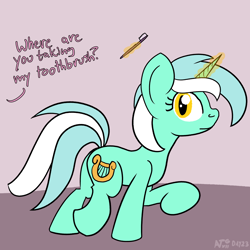 Size: 2000x2000 | Tagged: safe, artist:dafiltafish, imported from derpibooru, lyra heartstrings, pony, unicorn, atg 2022, female, implied bon bon, levitation, magic, mare, newbie artist training grounds, simple background, solo, telekinesis, toothbrush