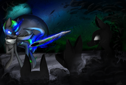 Size: 3496x2362 | Tagged: safe, artist:cerria, imported from derpibooru, oc, oc only, oc:midnight (dimensional shift), alicorn, pony, shadow pony, alicorn oc, clothes, glowing, glowing eyes, high res, horn, male, scarf, space, stallion, sword, weapon, wings